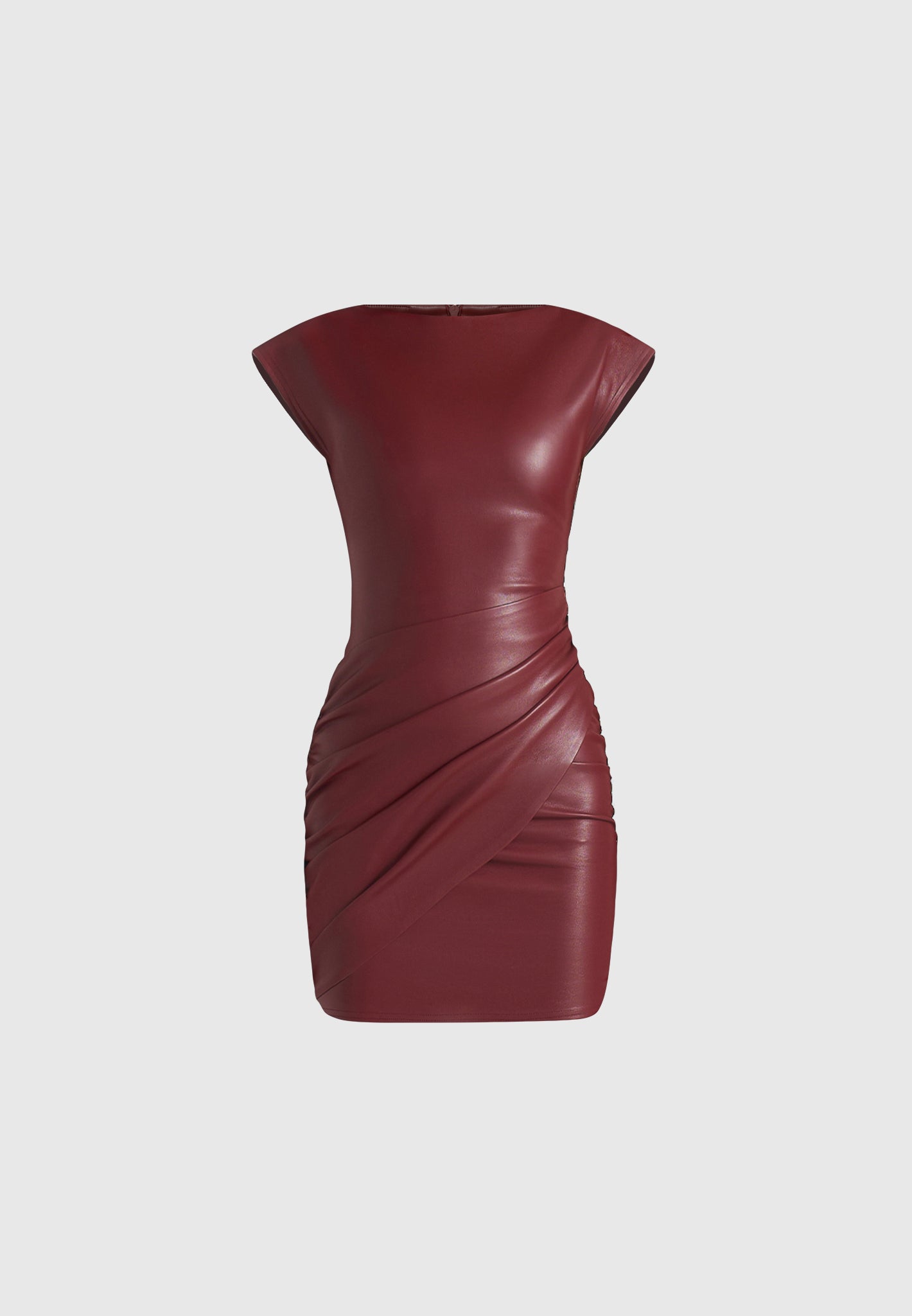Tina - Leather Boat Neck Ruched Dress - Wine Red