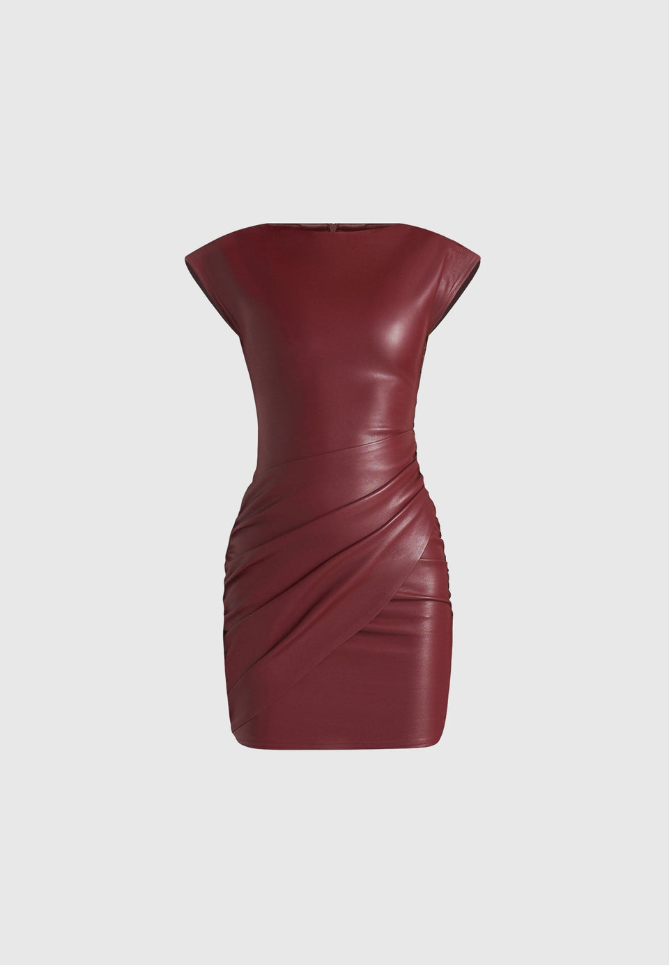 tina-leather-boat-neck-ruched-dress-wine-red