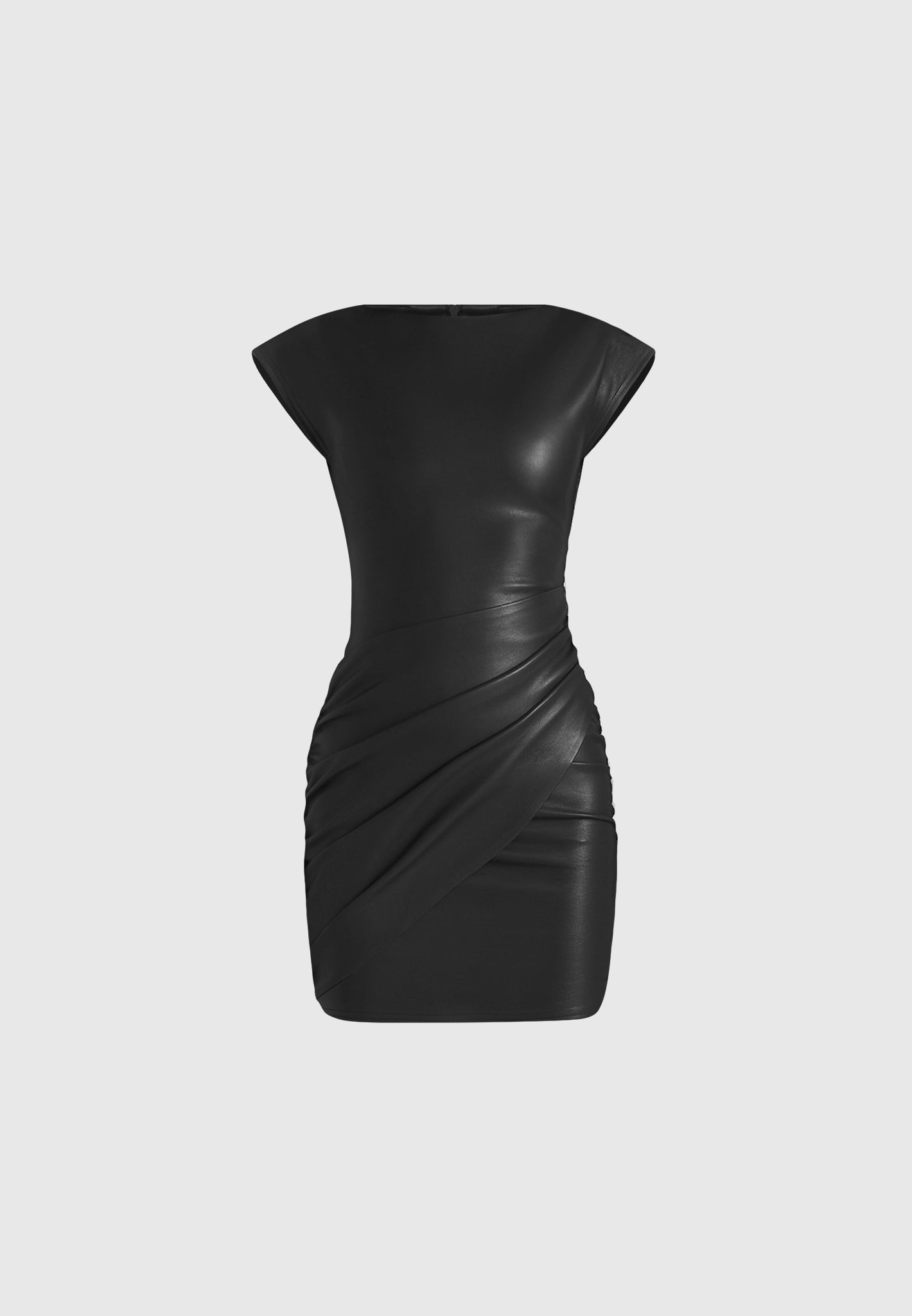 Tina - Leather Boat Neck Ruched Dress - Black