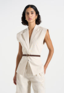 Linda - Linen Wide Shoulder Cinched Vest - Natural