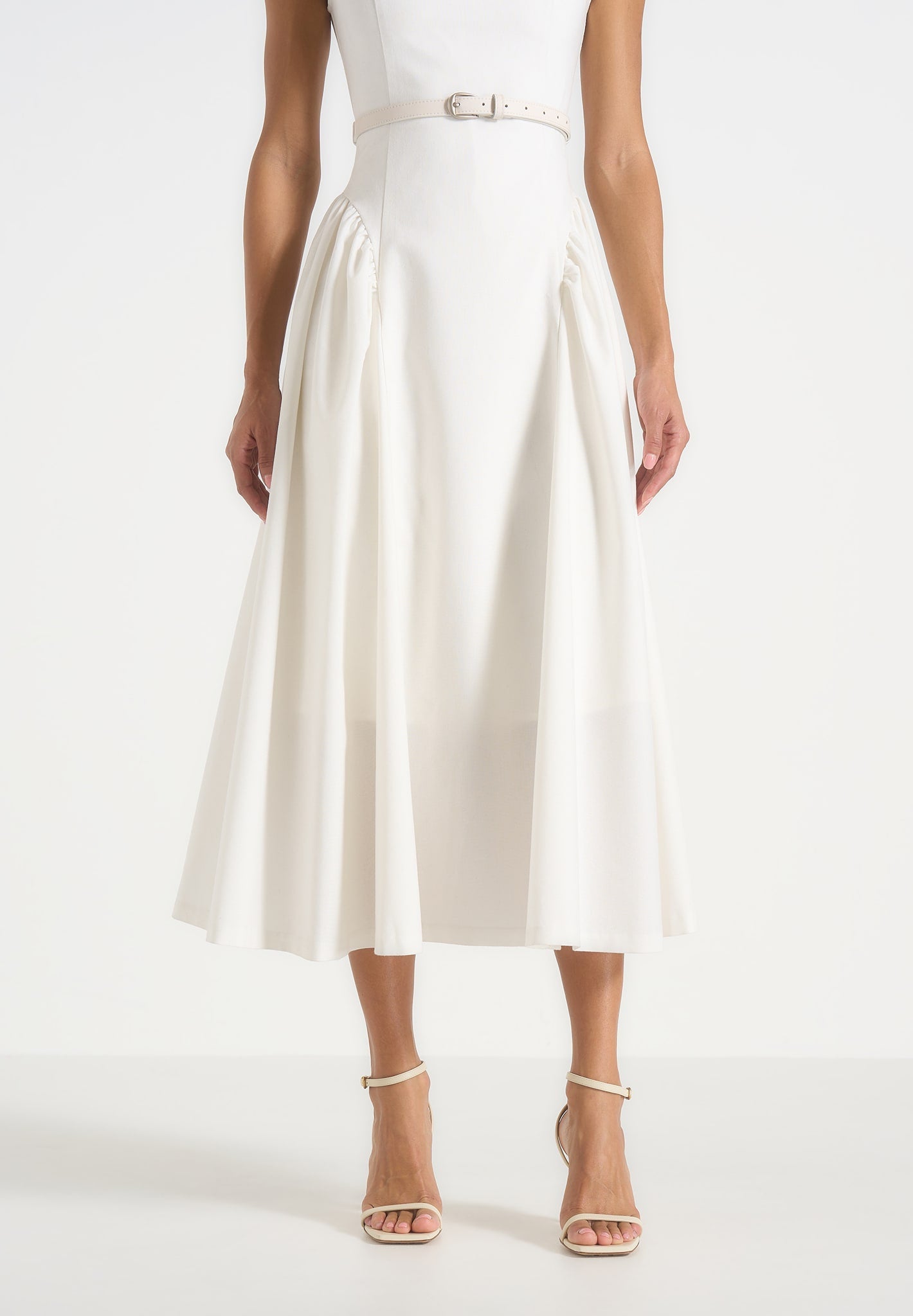 Gaia - Boat Neck Belted Pleated Midi Dress - White