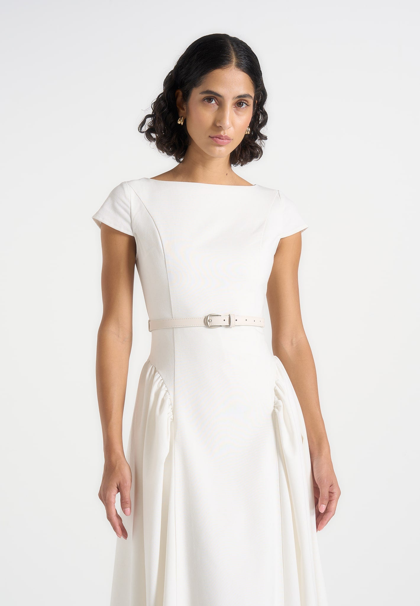 Women's Boat Neck Belted Pleated Midi Dress - White - US 12 - Gaia