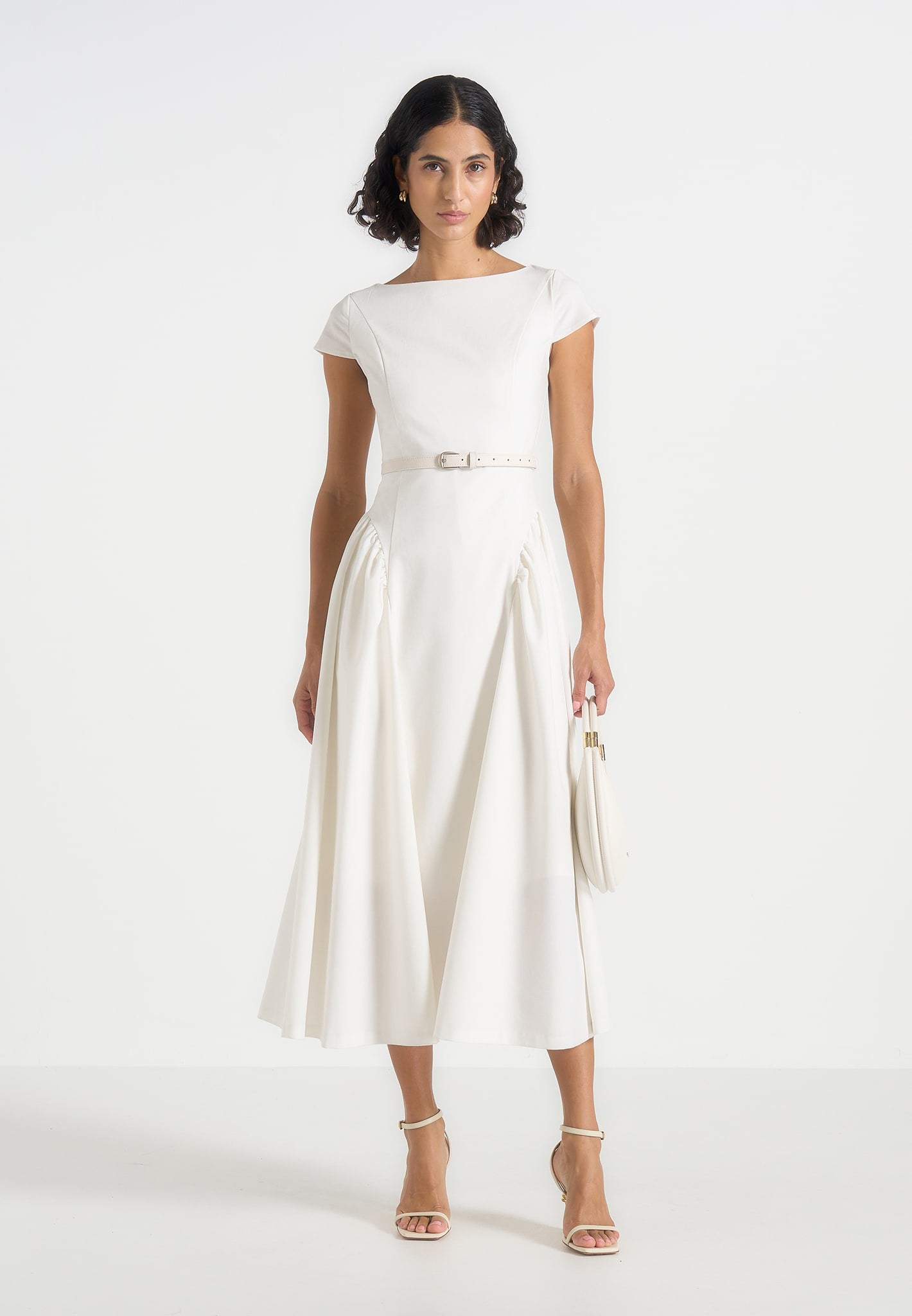 Women's Boat Neck Belted Pleated Midi Dress - White - US 12 - Gaia