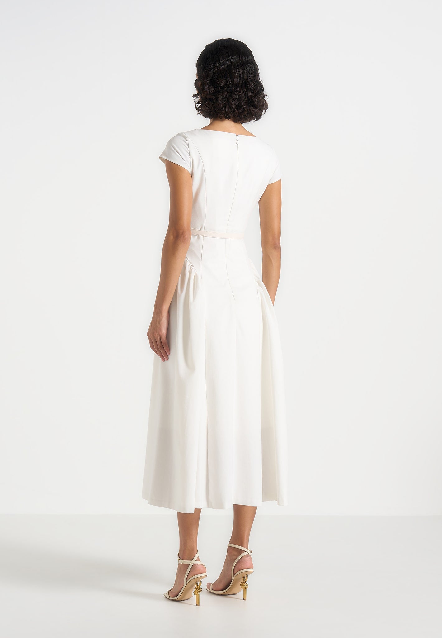 boat neck dress white Gaia - Boat Neck Belted Pleated Midi Dress - White