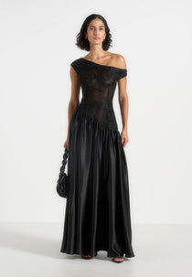 Alanna - Off Shoulder Fit and Flare Maxi Dress - Black