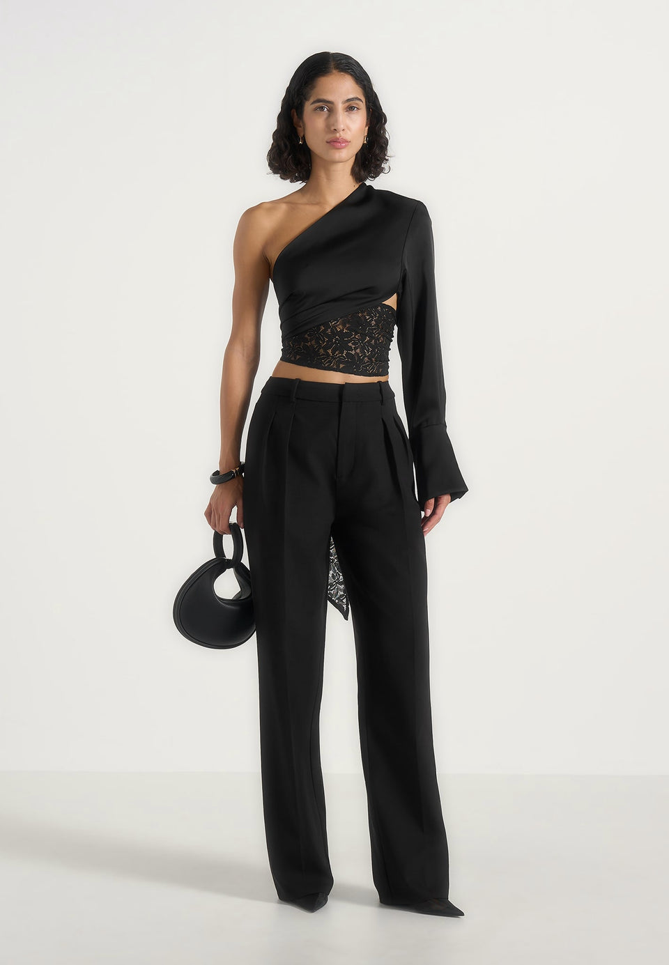 coralie-one-sleeve-satin-and-lace-wrap-top-black
