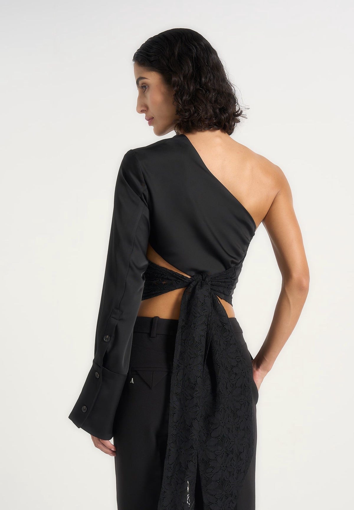 coralie-one-sleeve-satin-and-lace-wrap-top-black