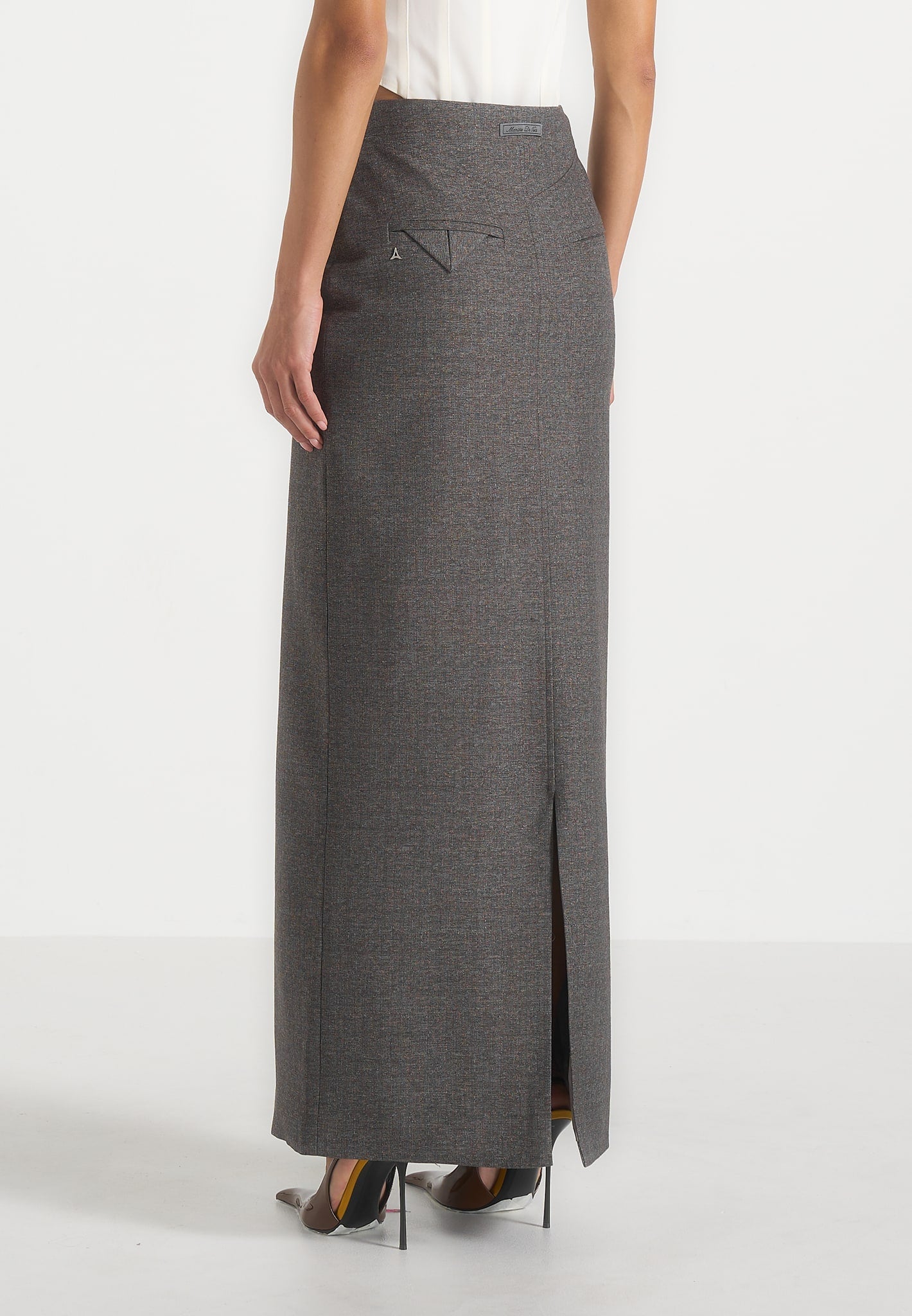 Regine - Tailored Box Pleat Maxi Skirt - Marl Grey