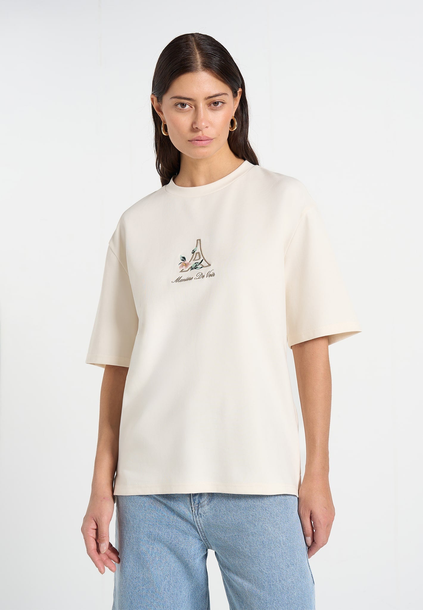 TS008 - Unisex Floral Eiffel Cotton T-Shirt - Cream