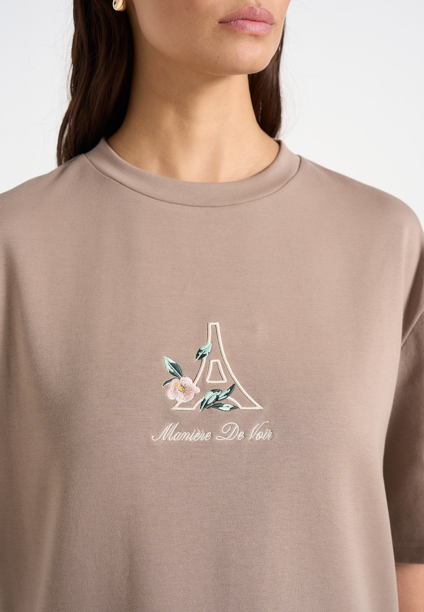 TS008 - Unisex Floral Eiffel Cotton T-Shirt - Taupe