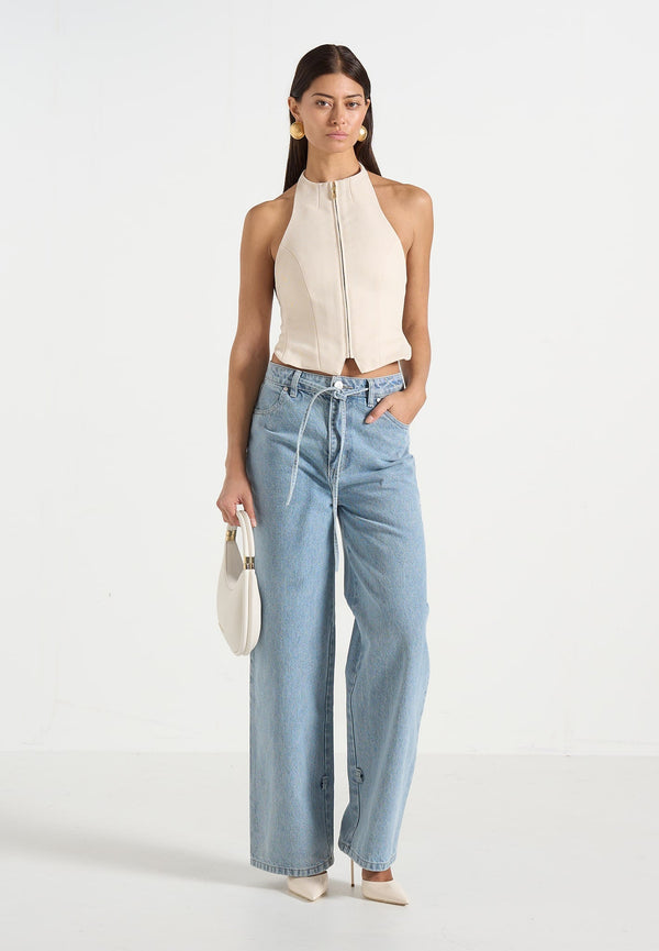 Claudette - Twill Halterneck Backless Top - Cream
