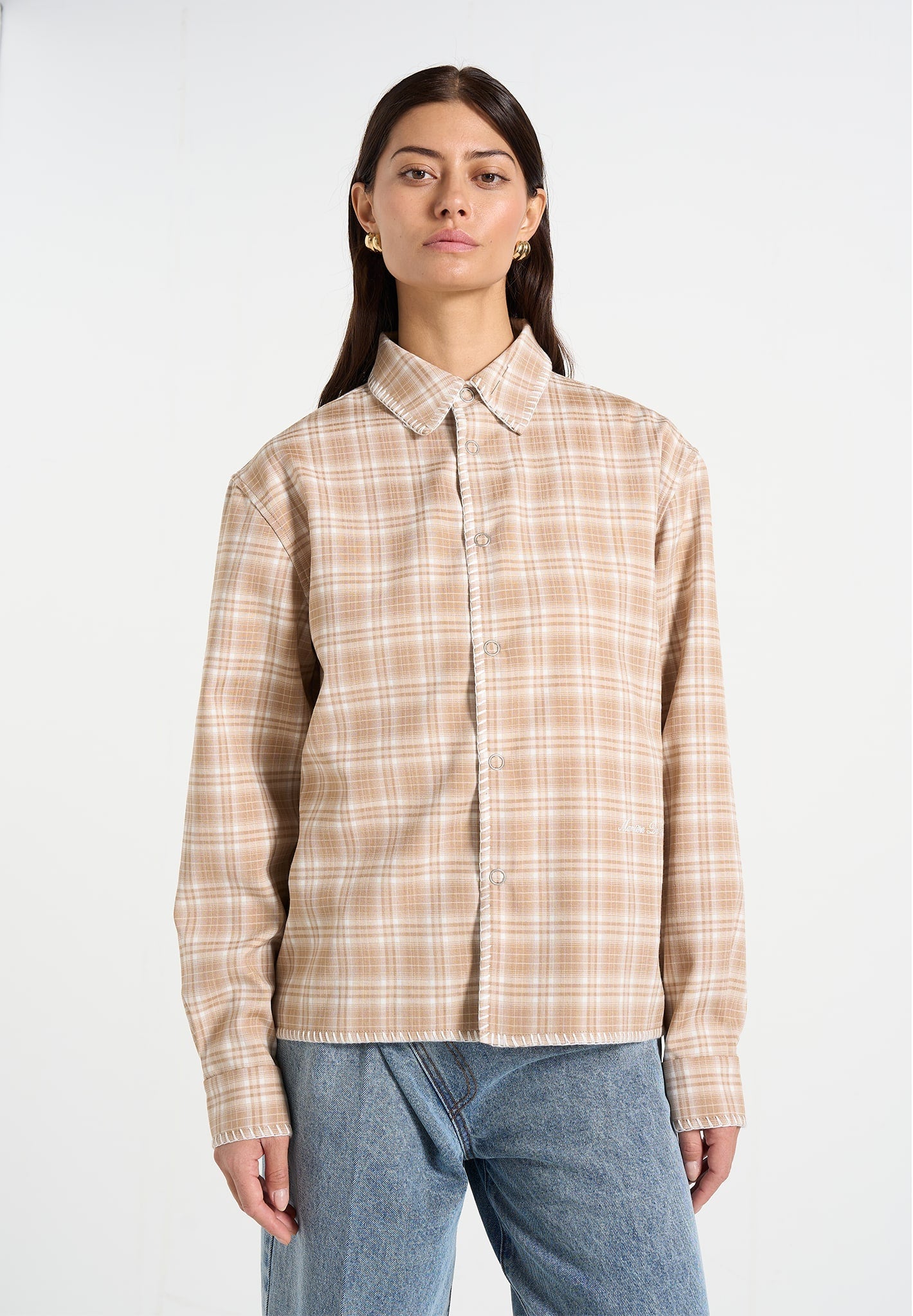 Unisex Whipstitch Check Shirt - Beige - M - Blake - Manire de Voir Unisex Whipstitch Check Shirt - Beige - M - Blake - Manire de Voir
