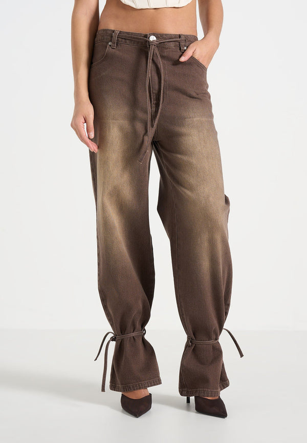 Faye - Wide Mid Rise Jeans With Tie Waist - Brown