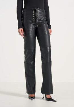 seren-croc-embossed-lace-up-trousers-black