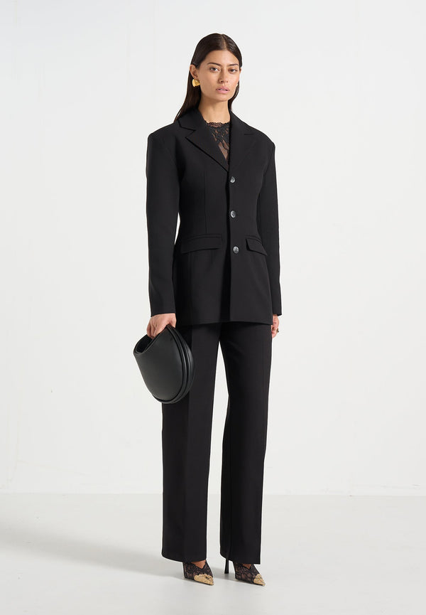 Claire - Wide Shoulder Cinch Waist Blazer - Black
