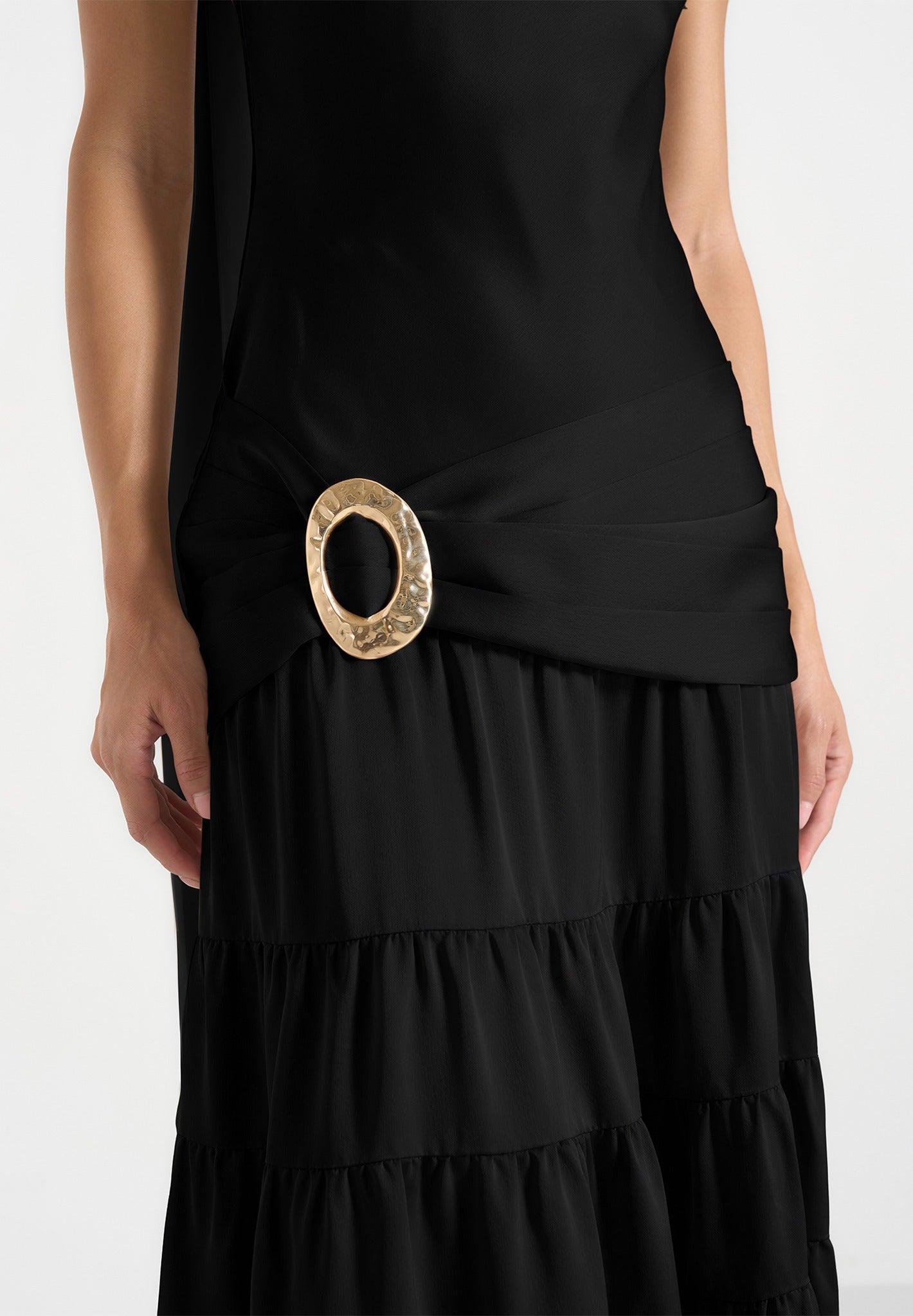 Naomi - Cami Satin Tiered Belted Maxi Dress - Black