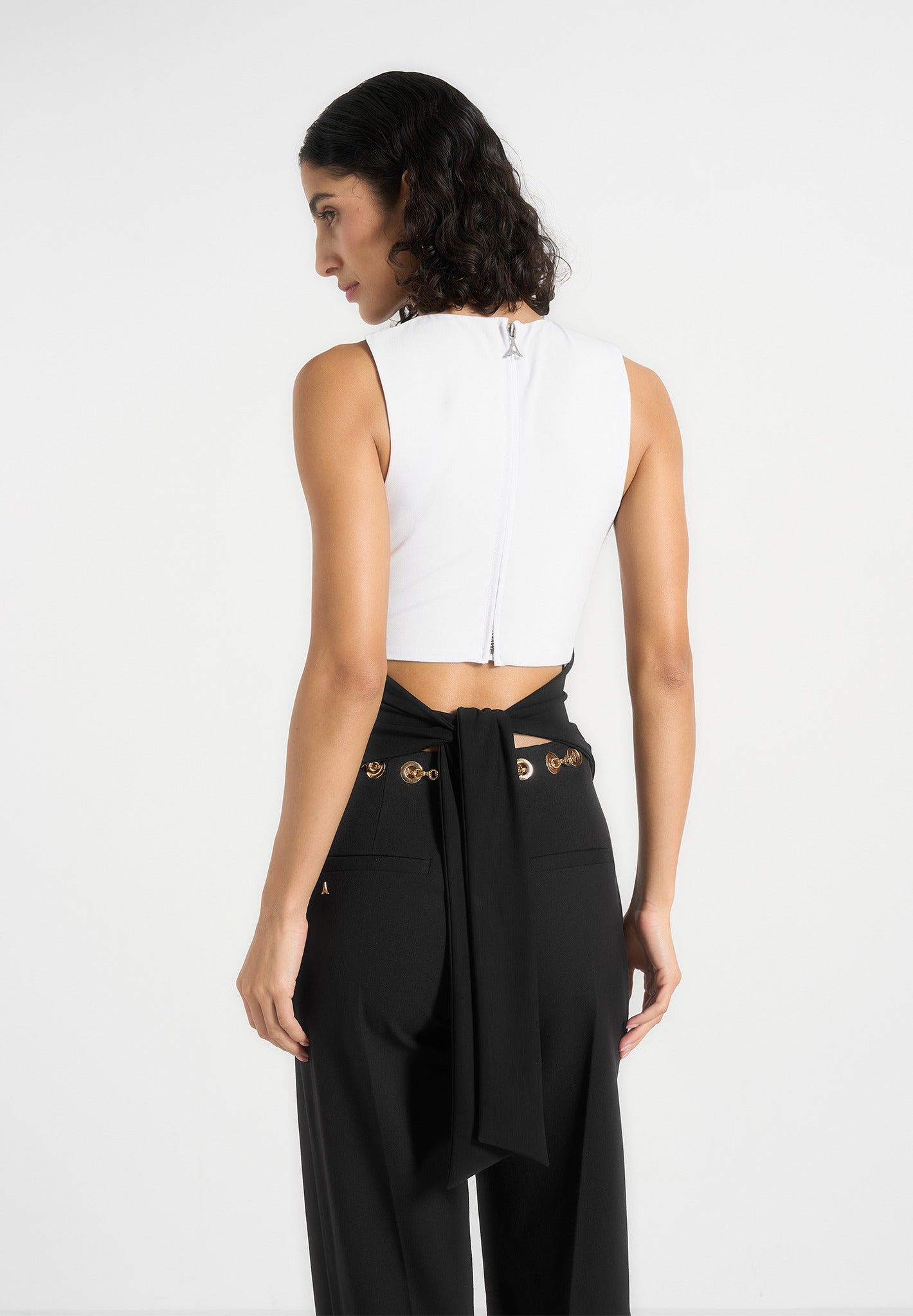 Abigail - Hardware Detail Open-Back Tie Crop Top - White