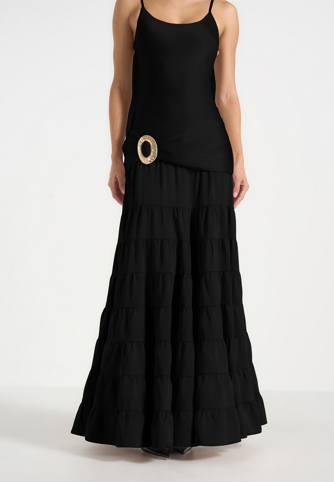 Naomi - Cami Satin Tiered Belted Maxi Dress - Black
