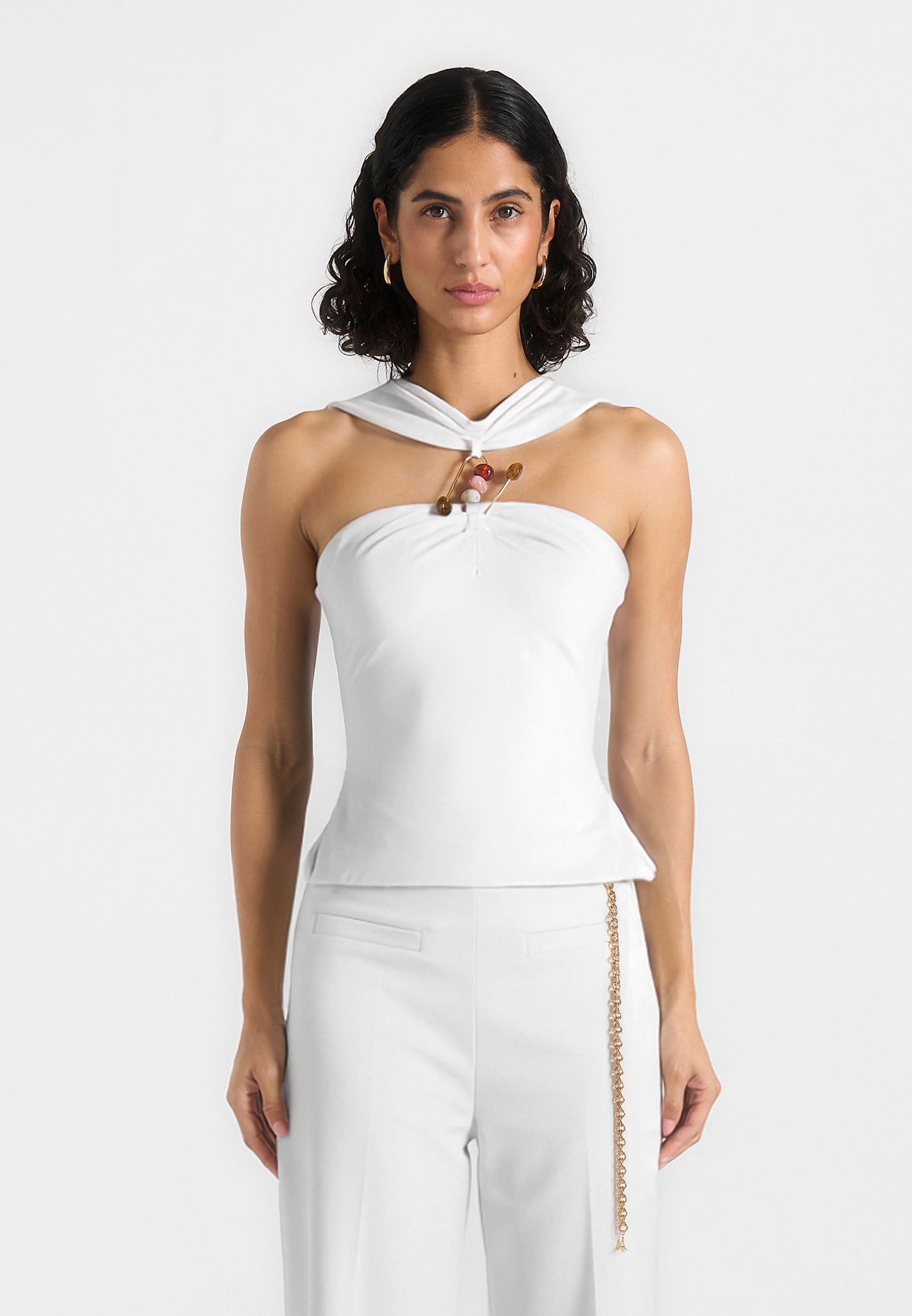 Abigail - Hardware Detail Open-Back Tie Crop Top - White