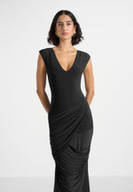 Bridget - V Neck Asym Ruched Maxi Dress - Black