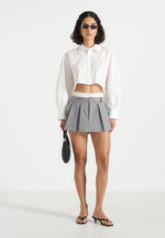 Rebecca - Pinstripe Belted Pleated Skort With Waistband - Grey
