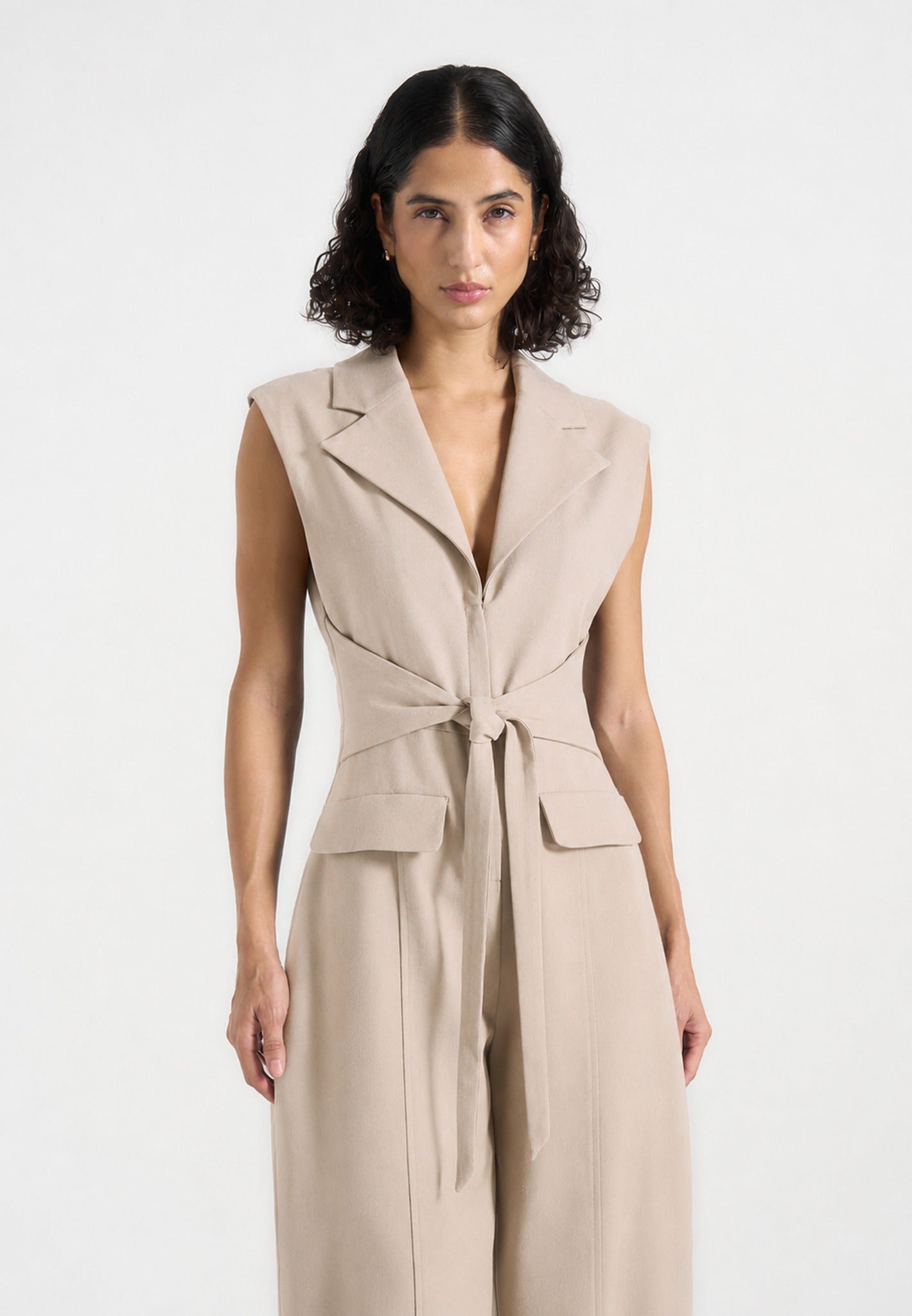 Kira - Tie-Waist Barrel Leg Tailored Jumpsuit - Beige