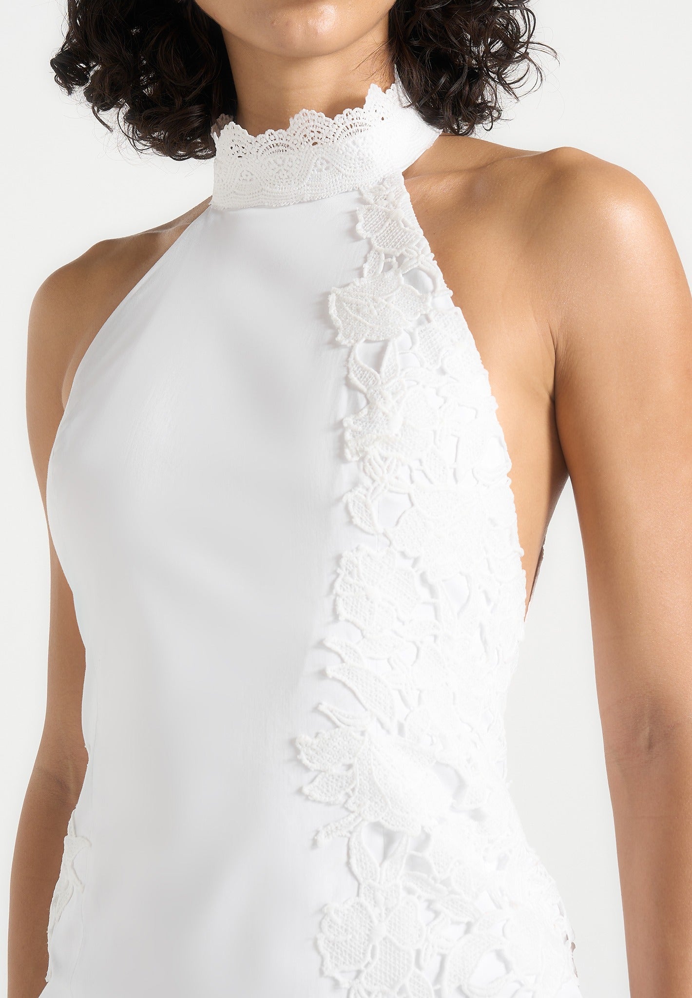Macy - Halter Neck Open Back Cotton Crochet Maxi Dress - White