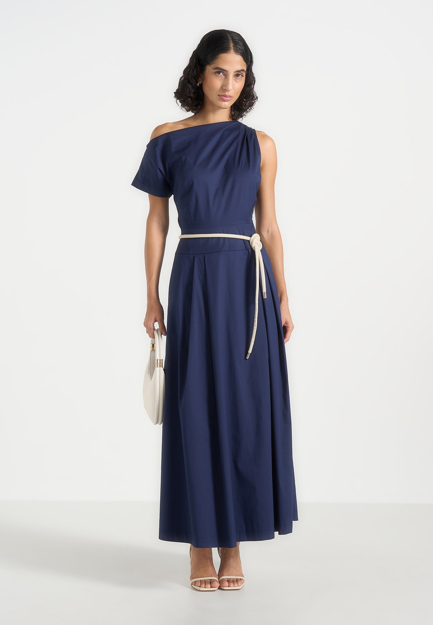 Women's Asym Tie-Waist Cotton Midi Dress - Navy - US 4 - Yara