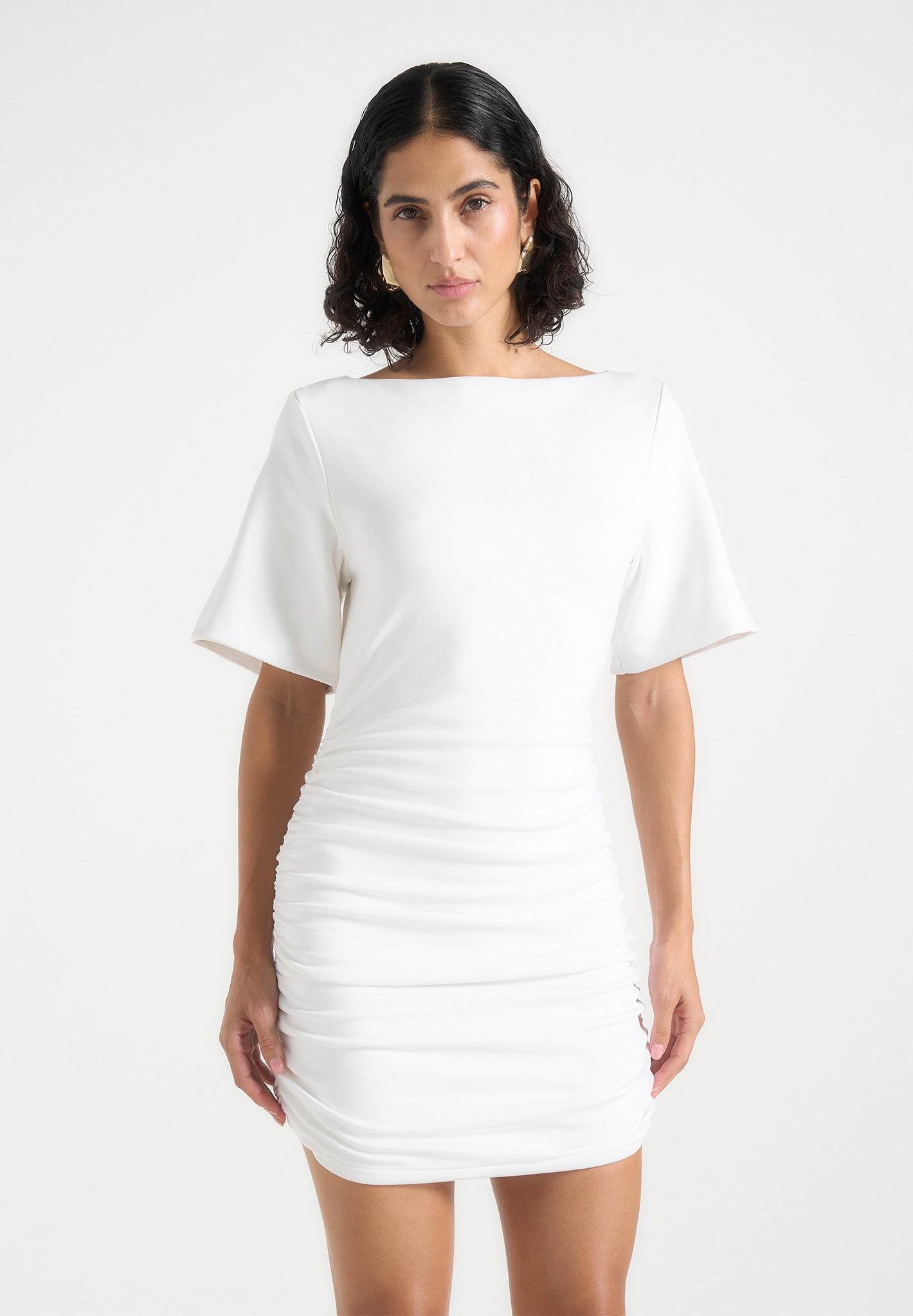 Summer - Ruched Open-Back Cotton T-Shirt Mini Dress