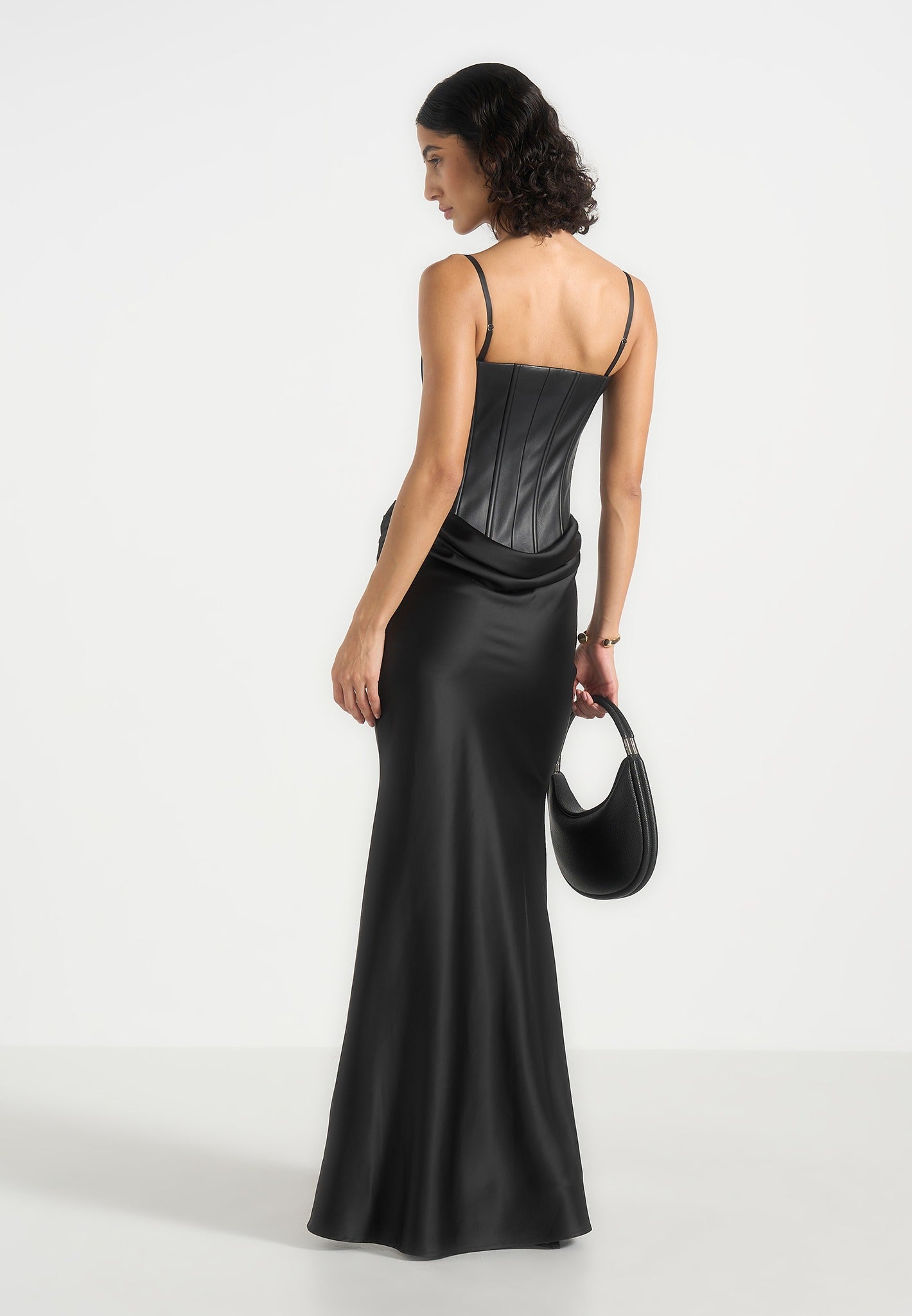 Women's Leather Corset Cowl Satin Maxi Dress - Black - US 4 - Corina