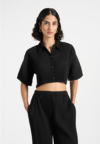 Mona - Cropped Pleated Short-Sleeve Shirt - Black