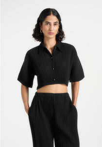 Mona - Cropped Pleated Short-Sleeve Shirt - Black