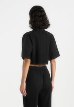 Mona - Cropped Pleated Short-Sleeve Shirt - Black