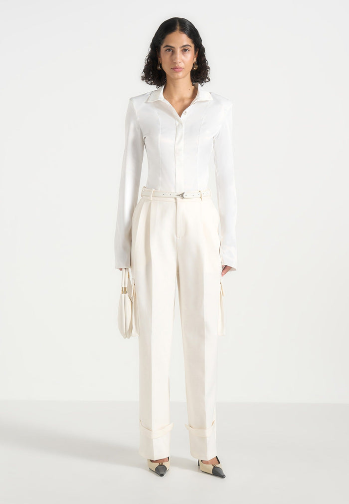 Danielle - Tailored Pleated Cargo Pants - Off White
