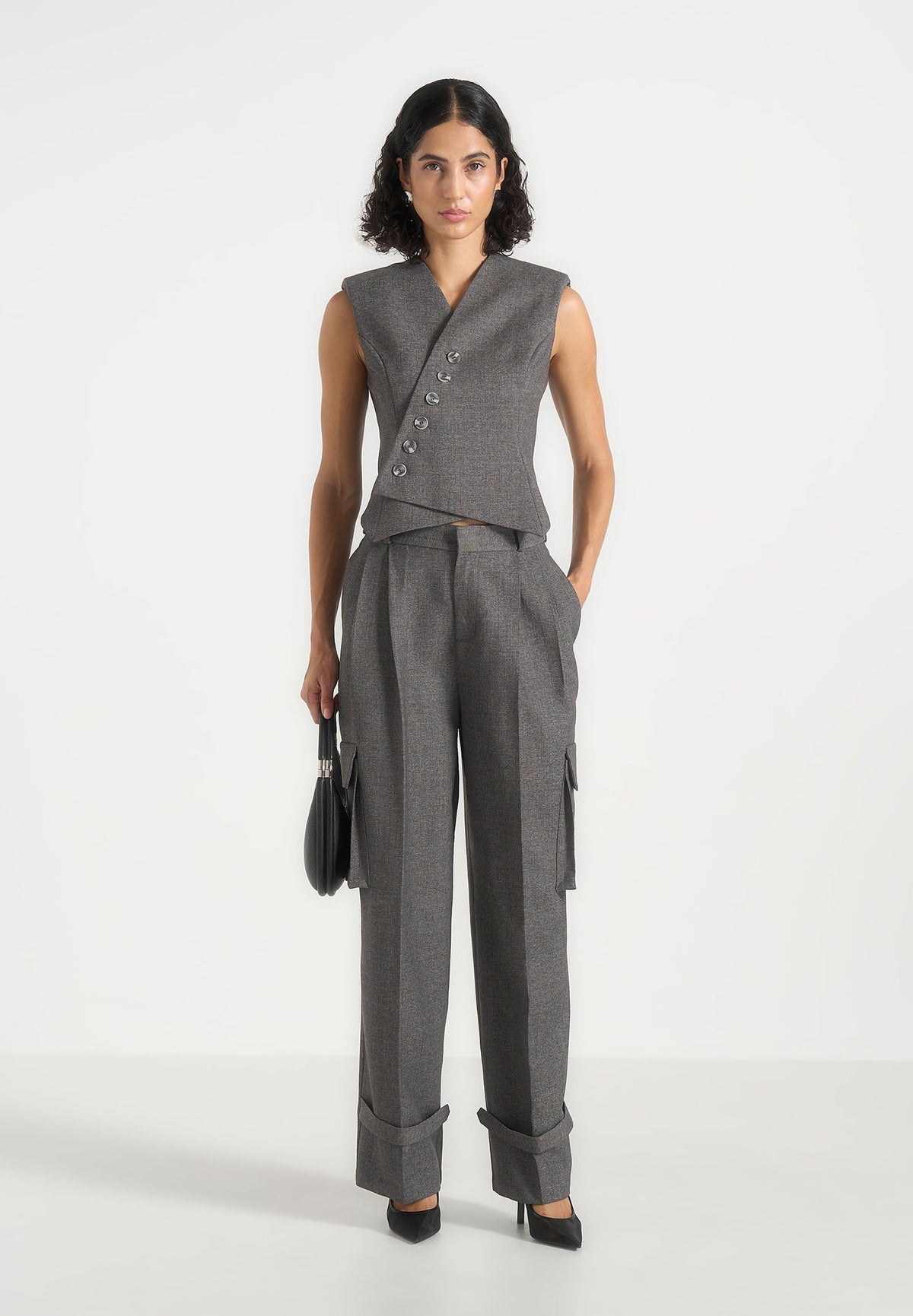 Laurence - Tailored Asym Wrap Suit Vest - Grey Marl