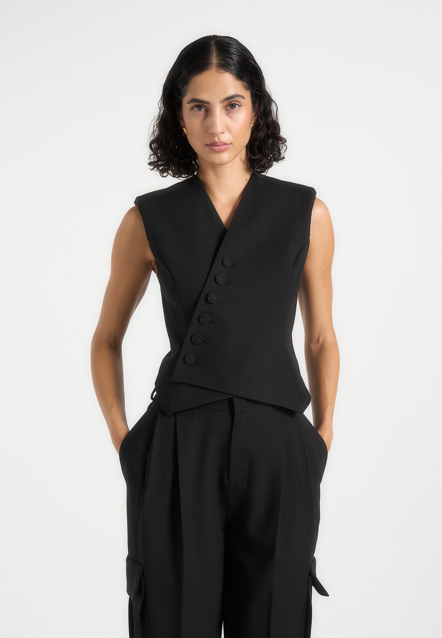 Laurence -  Tailored Asym Wrap Suit Vest - Black