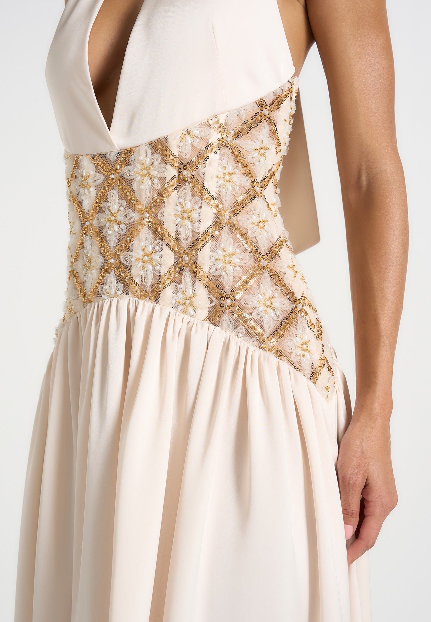 Ava - Halterneck Embellished Corset Gathered Maxi Dress - Cream 