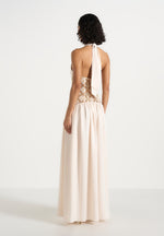 Ava - Halterneck Embellished Corset Gathered Maxi Dress - Cream