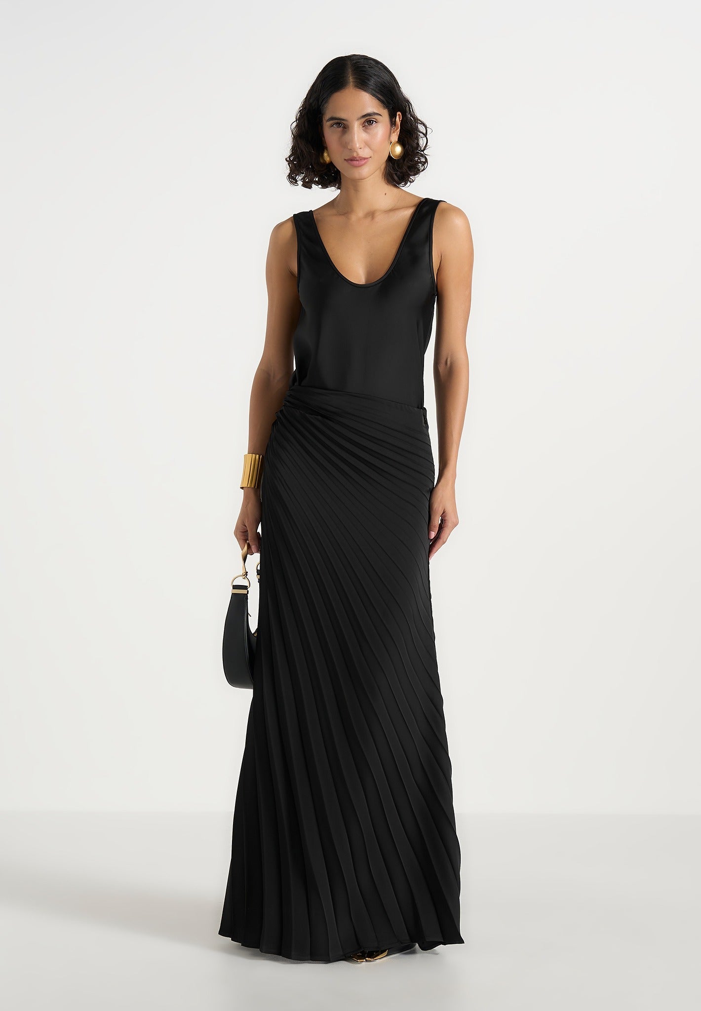 Fiona - Satin Fan Pleat Maxi Skirt - Black 