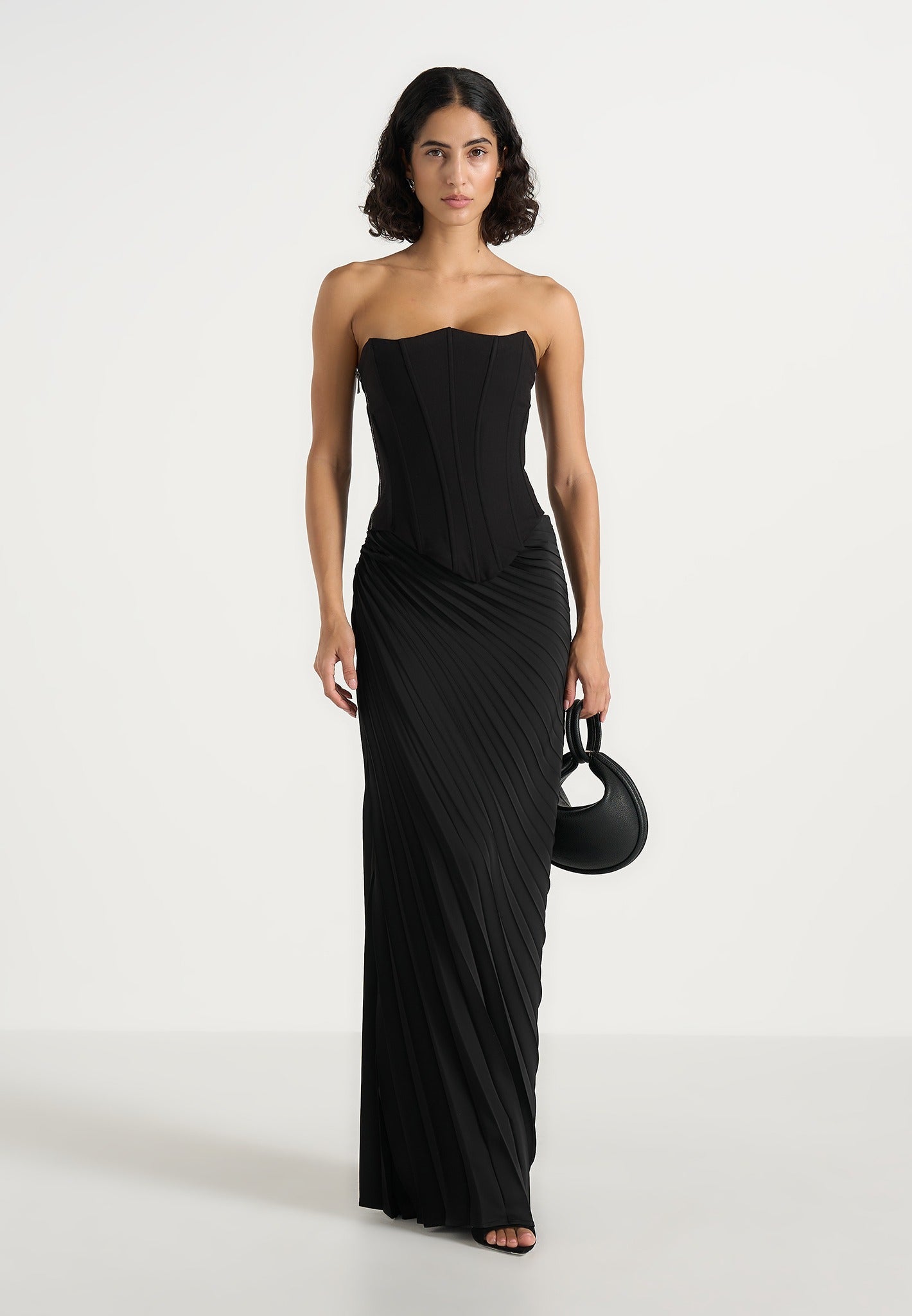 Fiona - Satin Fan Pleat Maxi Skirt - Black 
