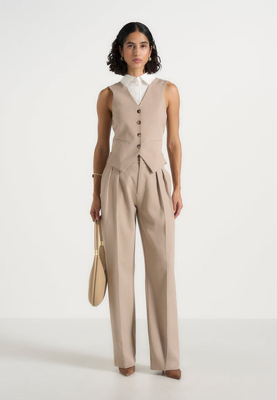 Irene - Collar Detail Cinched Suit Vest - Beige/White