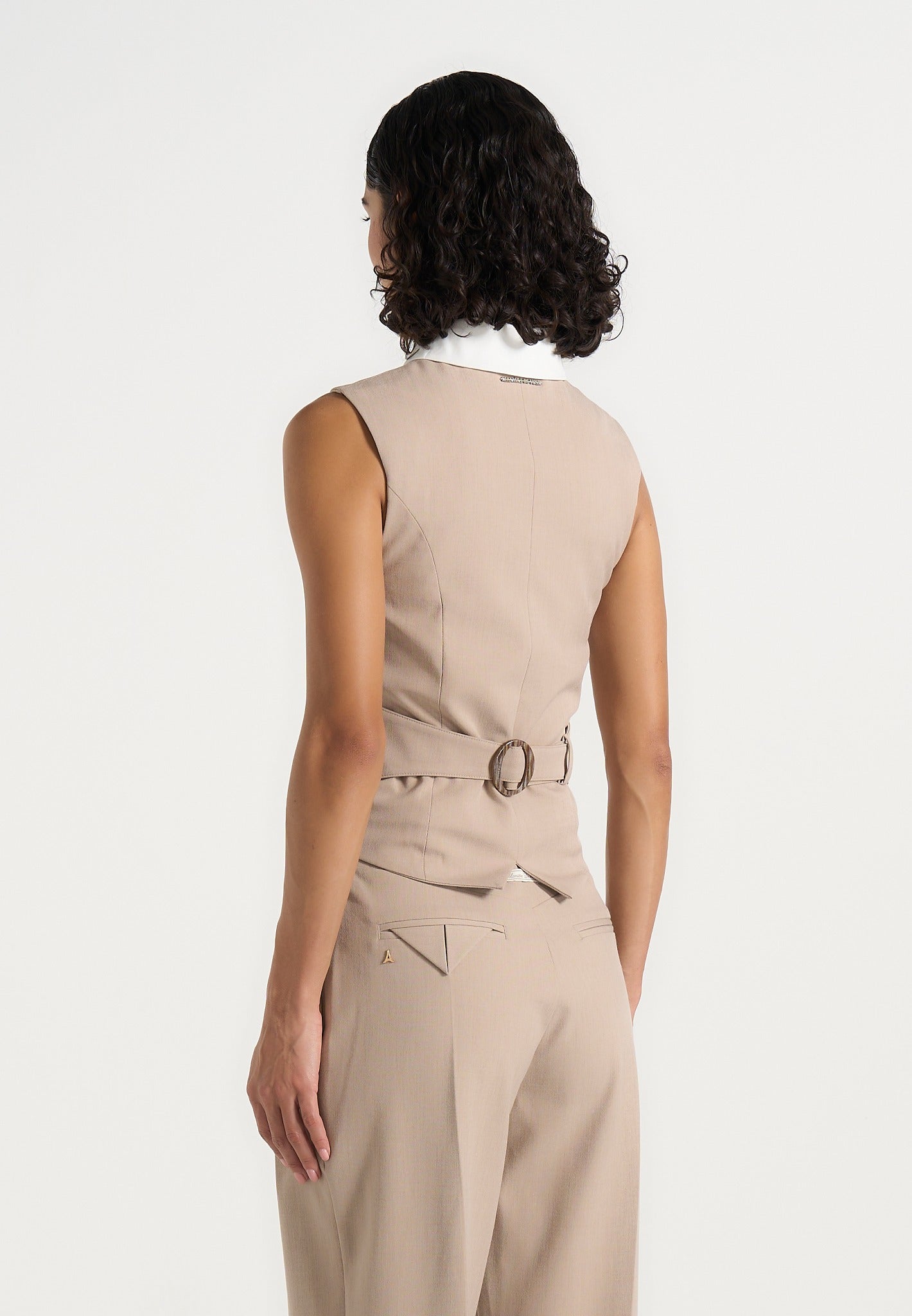 Irene - Collar Detail Cinched Suit Vest - Beige/White