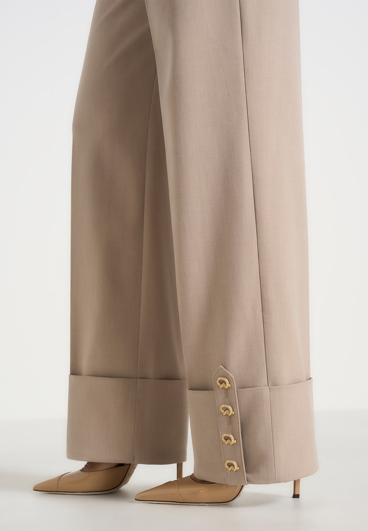 Darlene - Turn Up Detail Tailored Twin Pleat Pants - Beige