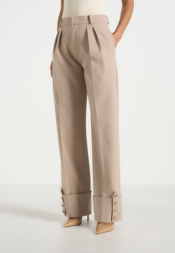 Darlene - Turn Up Detail Tailored Twin Pleat Pants - Beige