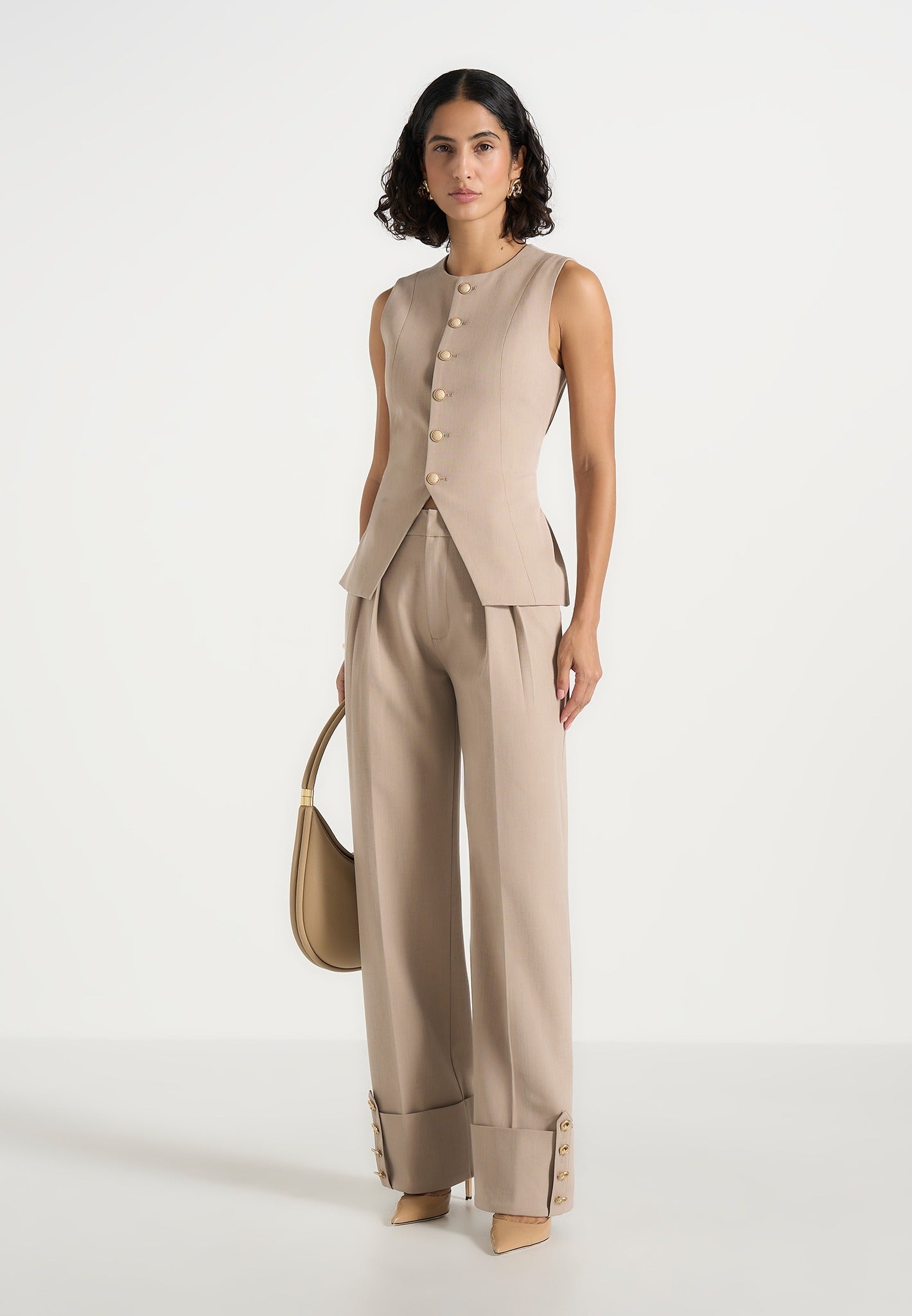 Darlene - Turn Up Detail Tailored Twin Pleat Pants - Beige 