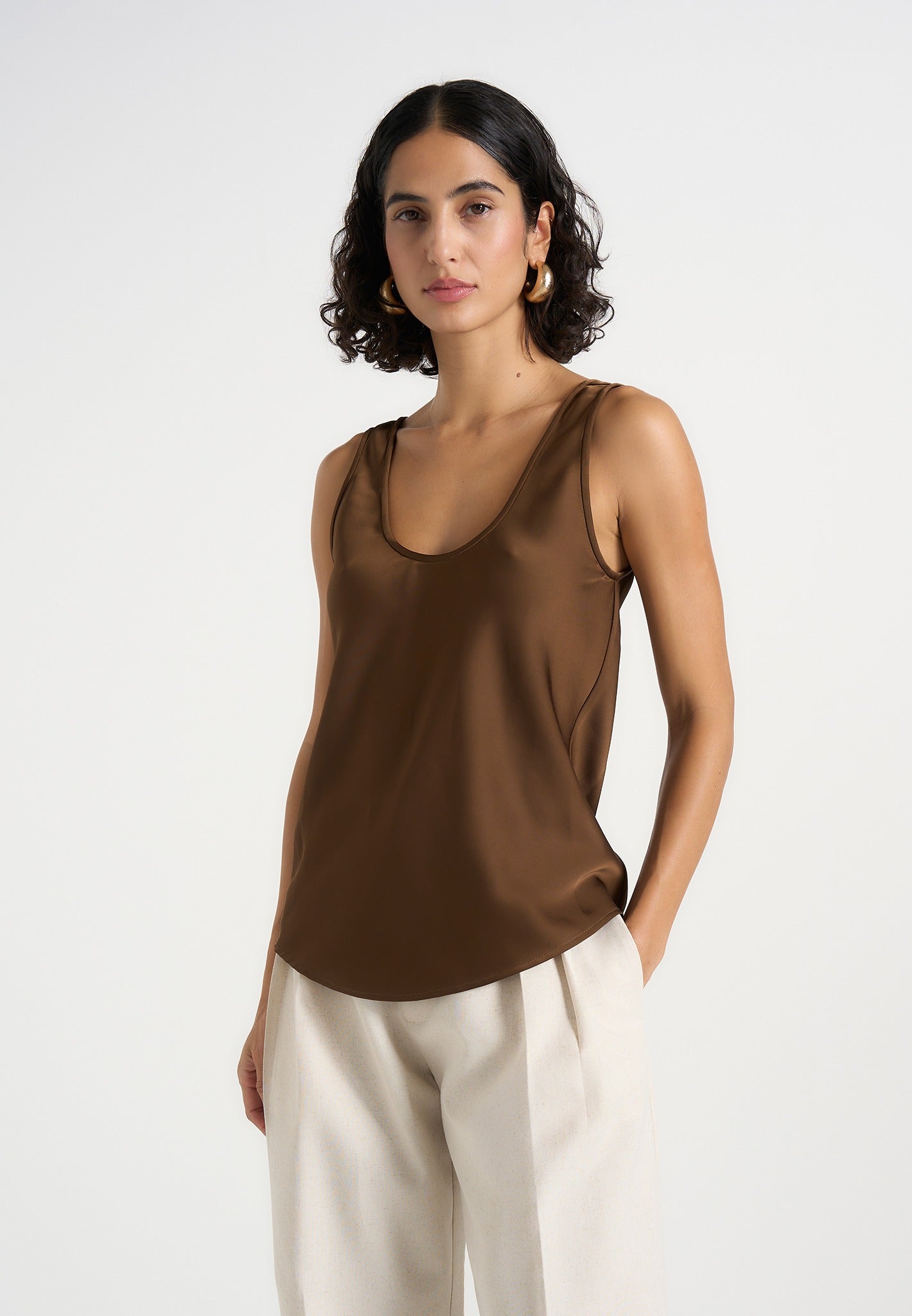 Mathilda - Satin Scoop Neck Open Back Tank Top - Brown 