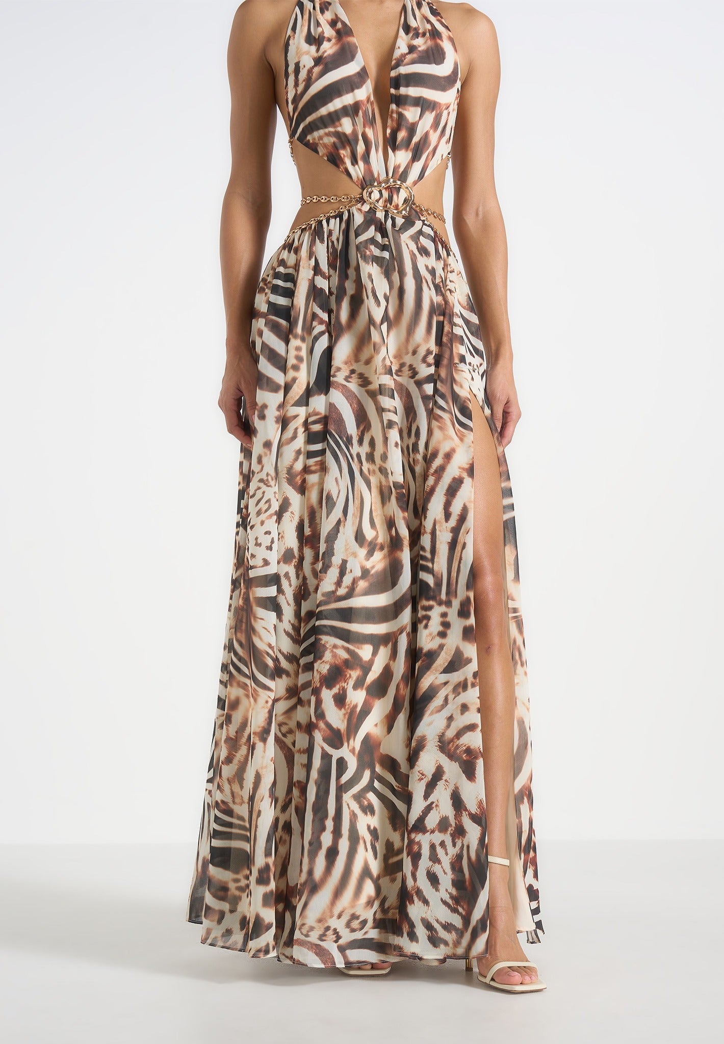 Women's Chain Belt Cut-Out Georgette Halter Maxi Dress - Beige/Brown - US 0 - June