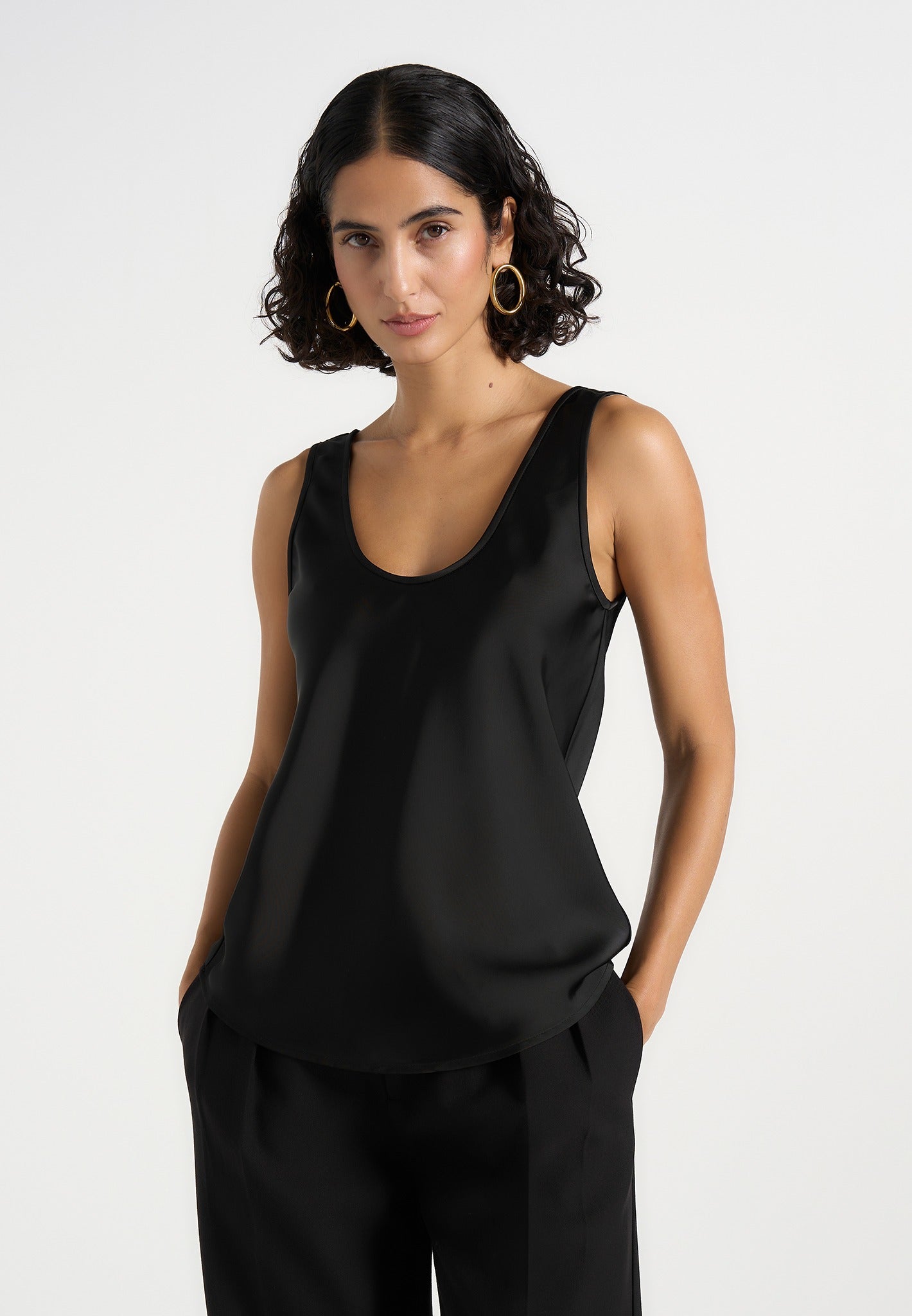 Mathilda - Satin Scoop Neck Open Back Tank Top - Black 