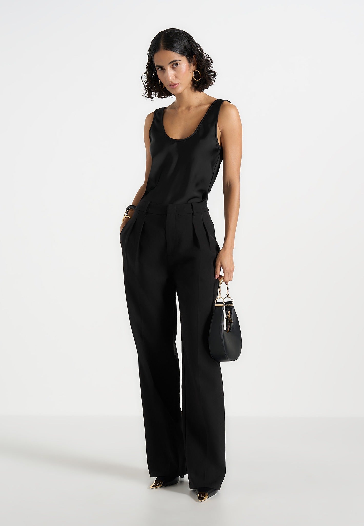 Mathilda - Satin Scoop Neck Open Back Tank Top - Black 