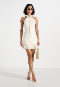 Jasmine - Halterneck Pleated Mini Dress - Cream